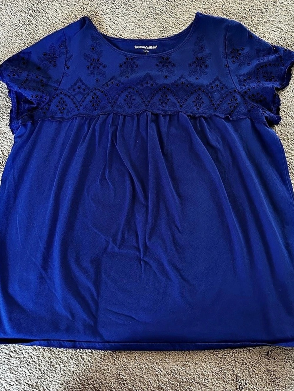 Woman Within Floral Eyelet Short Sleeve Top Blue Size Large